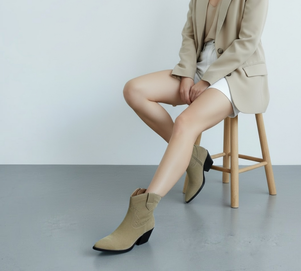 Western Suede Μποτάκια με Μεταλλικά Τρουκς